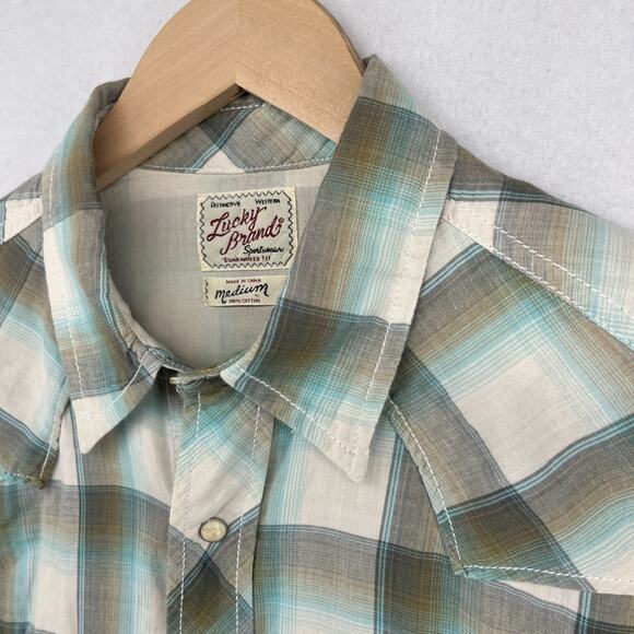LUCKY BRAND Shirt Mens M Plaid Pearl Snap Front Western Double Layer Cotton Gray - Picture 7 of 15